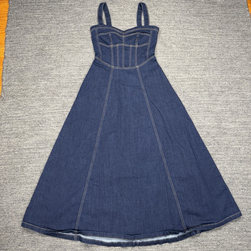 BARDOT Lilah Denim Midi Dress Medium Corset Stretch Fit Flare Western Sweetheart